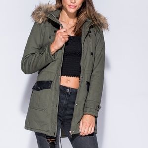 Olive Faux Fur Lined Hooded Coat